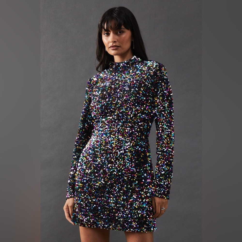 High Neck Velvet Sequin Cutout Back Mini Dress